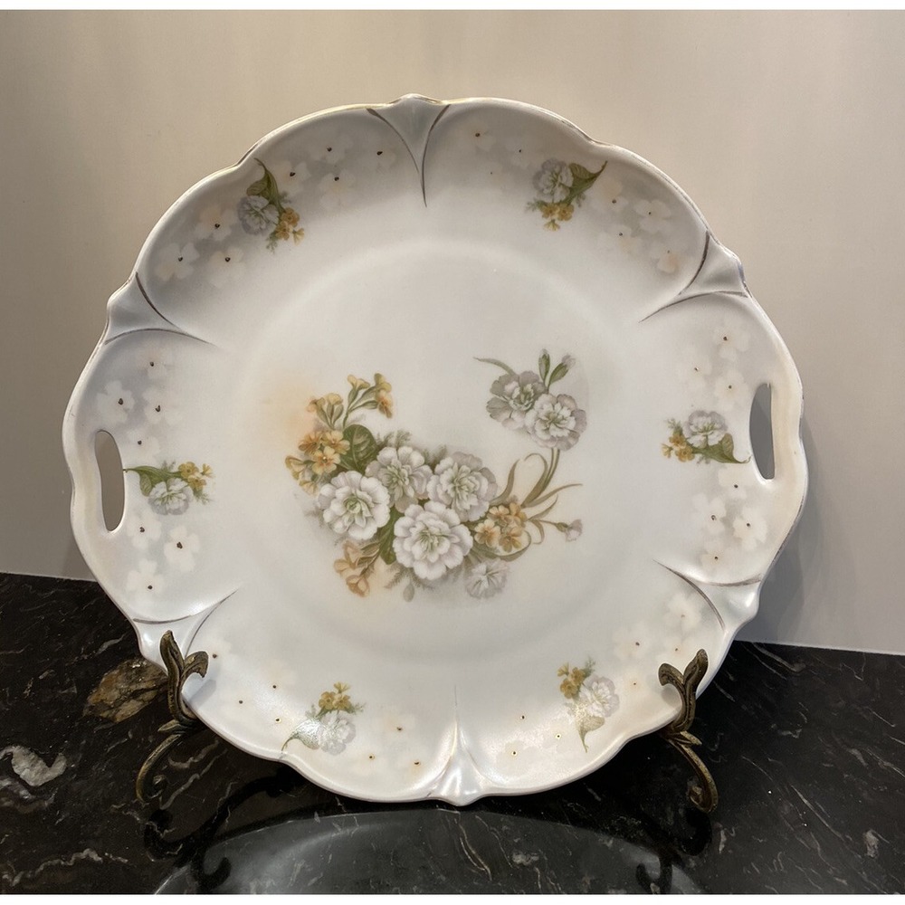 Antique Hand Painted Bavarian Plate w Handles Pearl White Lustrous 11"x10.5"